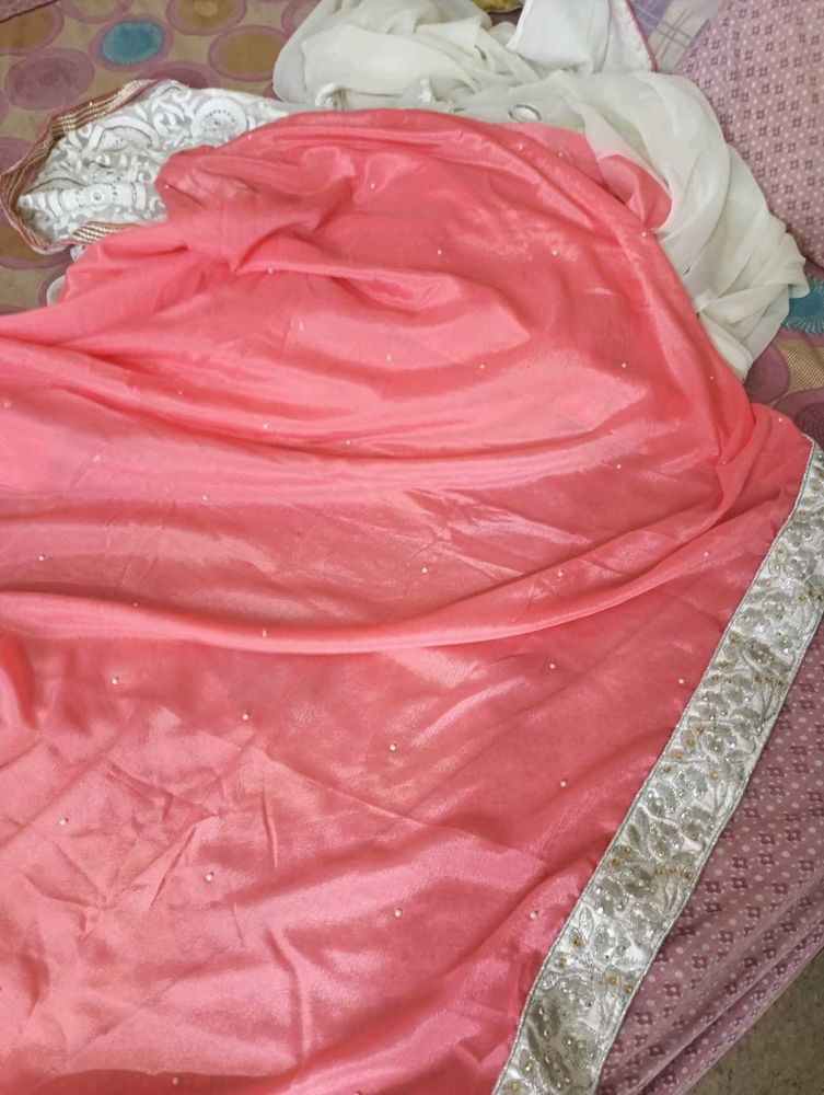 Peach Chiffon Saree with Silver Border