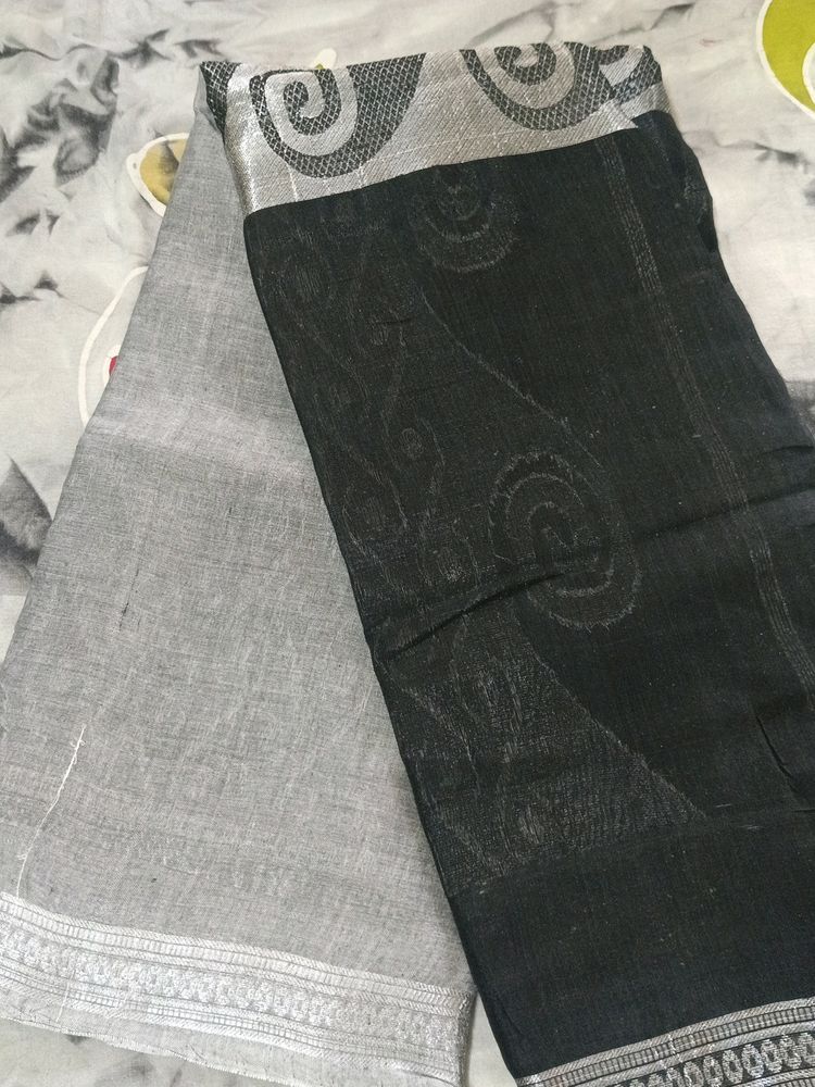 Cotton Black &amp; Grey Saree
