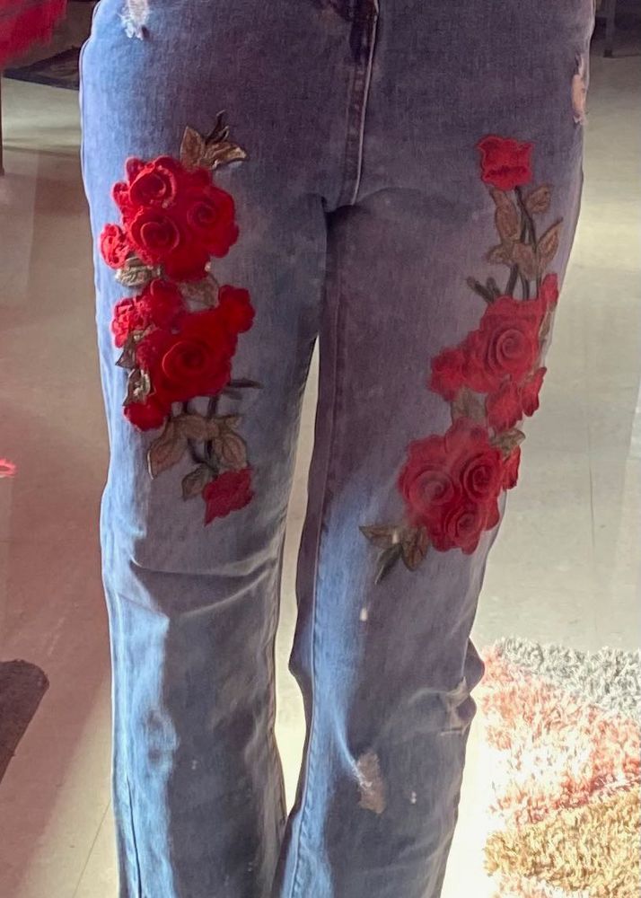 Rose Embroidered Denim Jeans