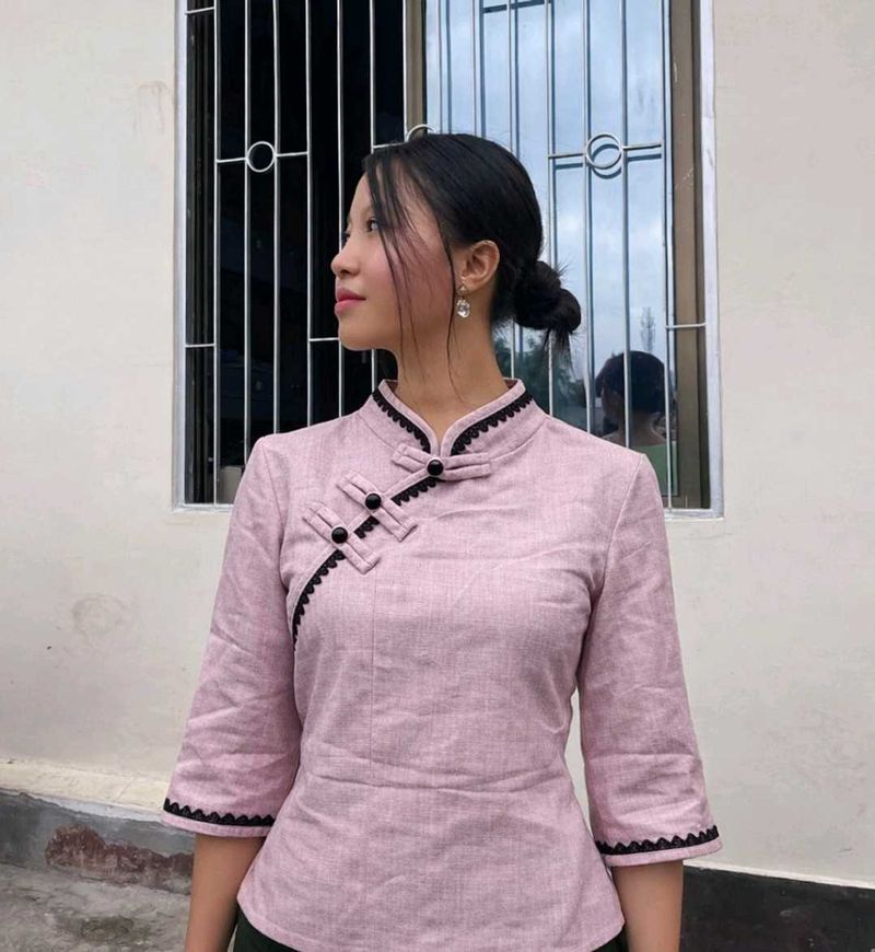 Elegant Pink Mandarin Collar Top