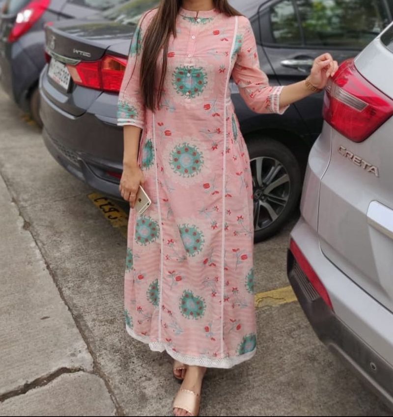 W | Floor Length Floral Pink Kurta