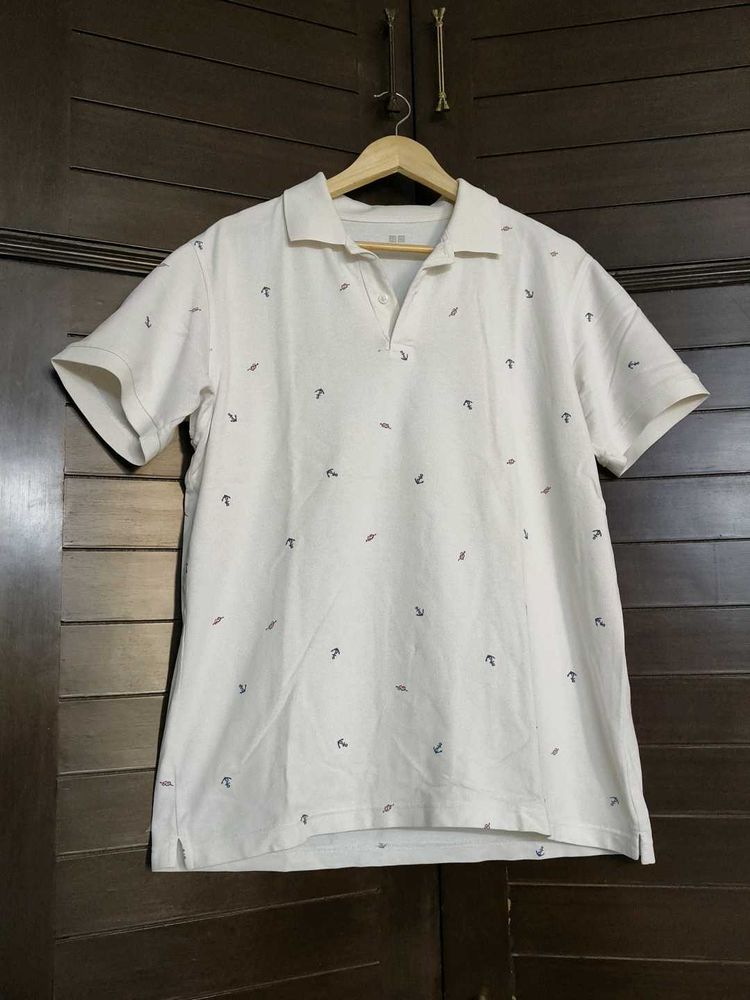 Uniqlo Men Cotton Mix Cream Printed Polo Tshirt