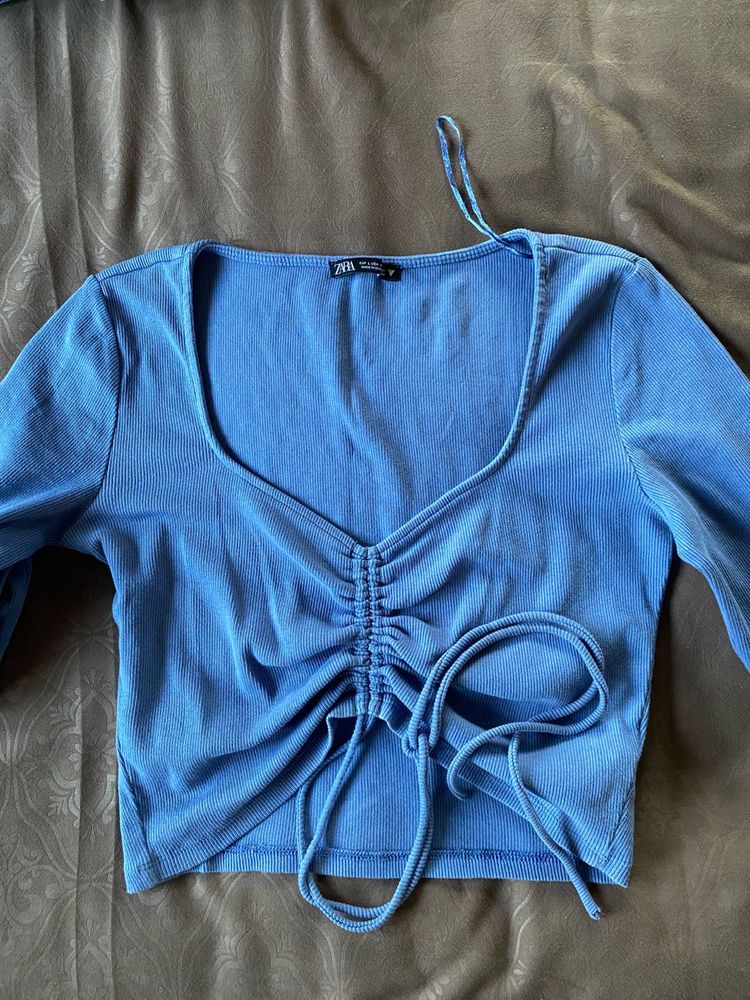 Zara Blue Ruched Long Sleeve Top