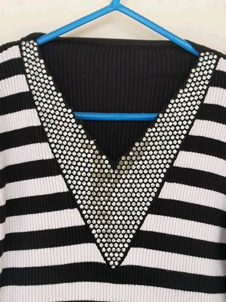 Striped Sweater with Rhinestone Detail