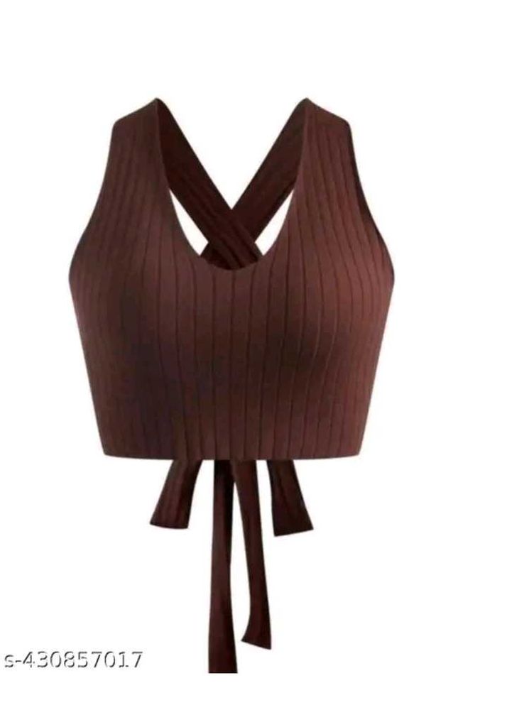 Brown Ribbed Tie-Back Crop Top