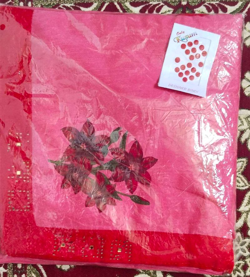 Pink Colour Beautiful New Sarees With Bindi Packet