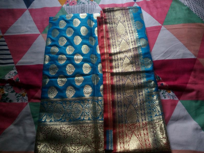 Blue &amp; Red Katan Benarasi Heavy Saree