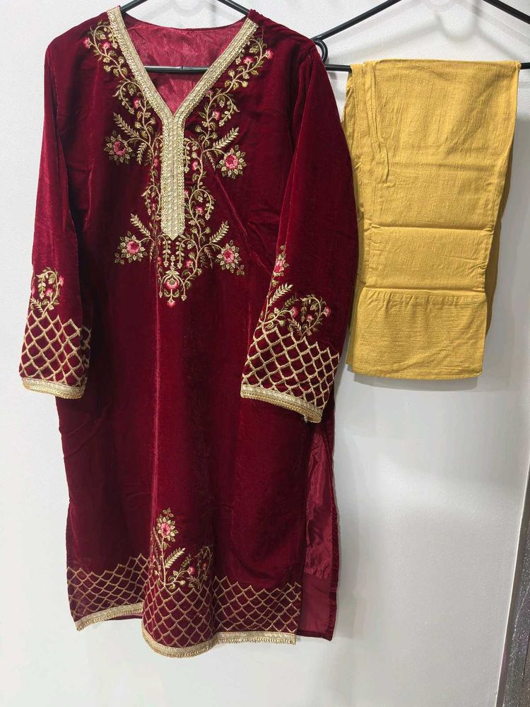 Velvet Embroidered Kurta Set
