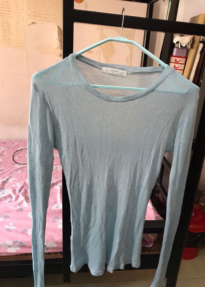 Light Blue Long Sleeve Ribbed-knit Top