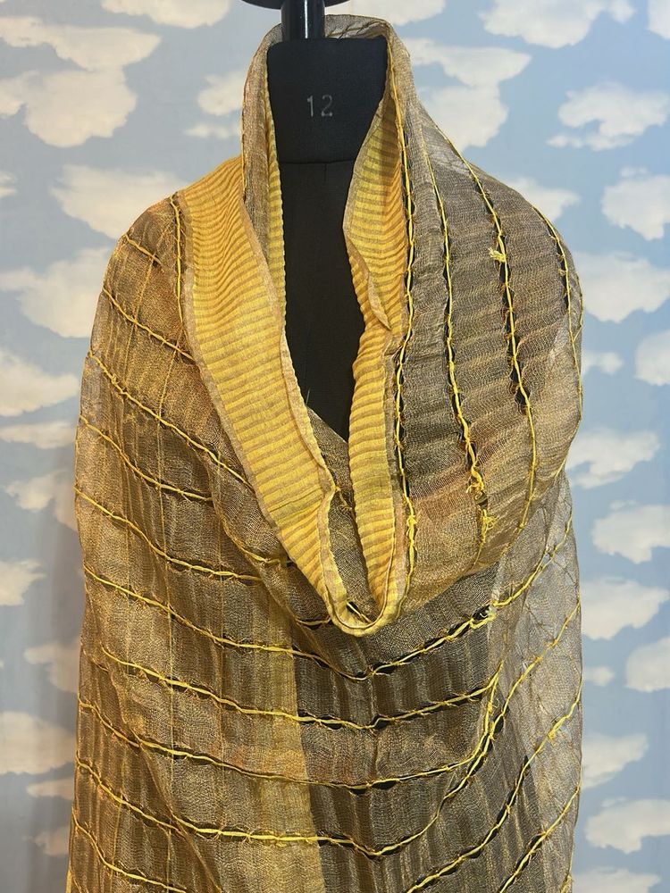 Tussar Silk Striped Scarf Yellow
