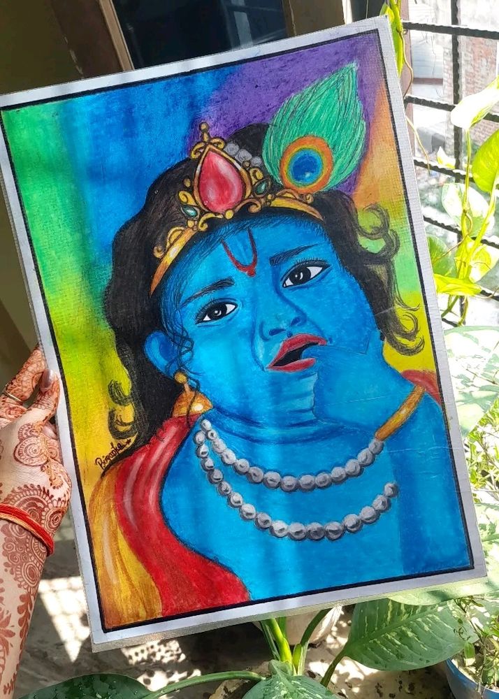 Beautiful Handmade Painting Of Lord Krishna For Homedecor (Laminated Artwork)