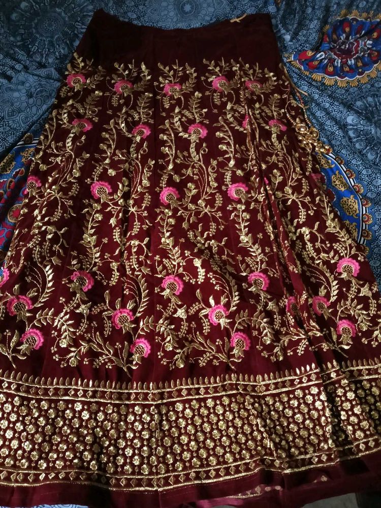 Burgundy Embroidered Velvet Skirt