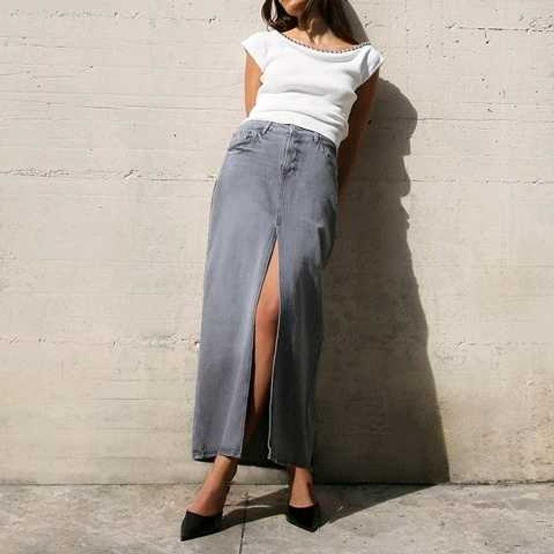 ZARA Denim Midi Skirt with Slit - Grey
