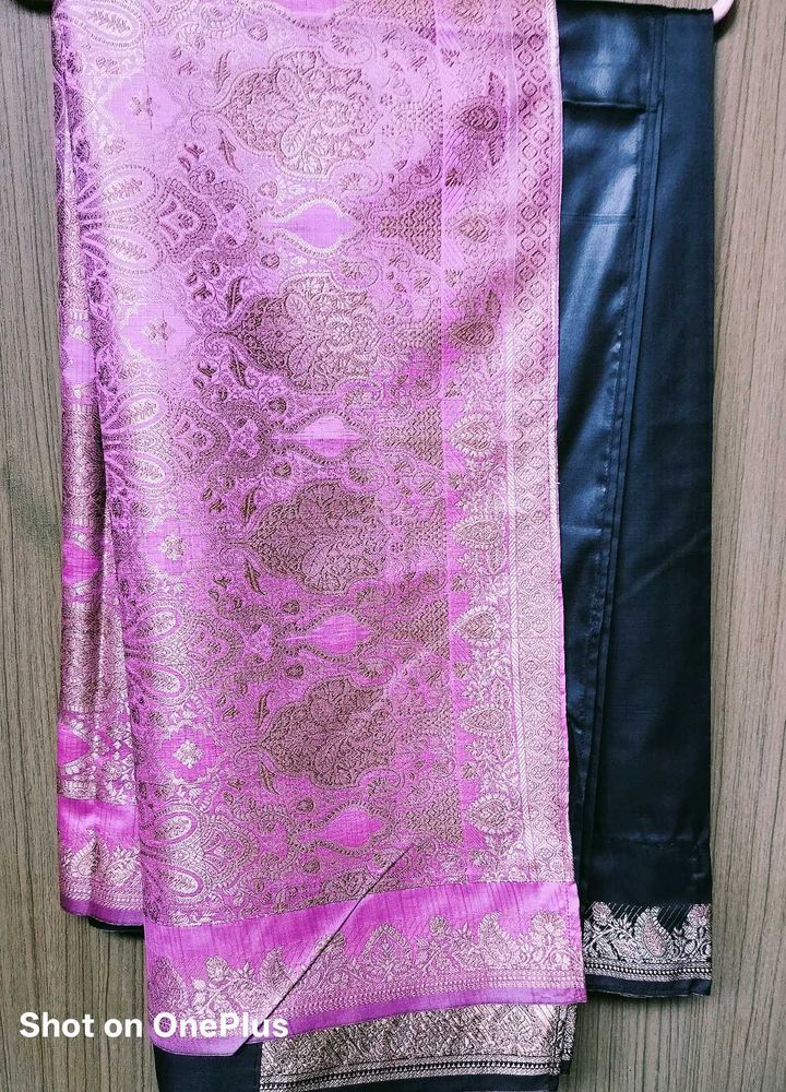 Elegant Pink &amp; Black Saree with Detail