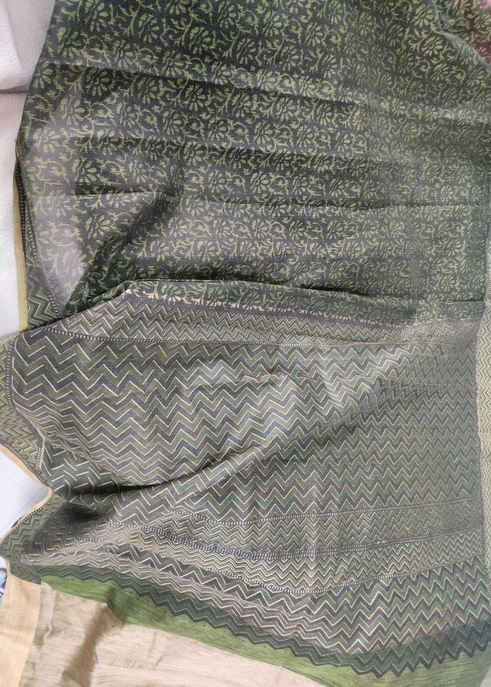 Green On Black Kota Silk Blend Printed Saree