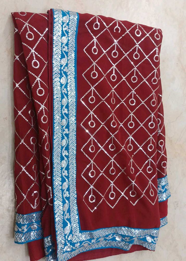 Maroon &amp; Silver Saree