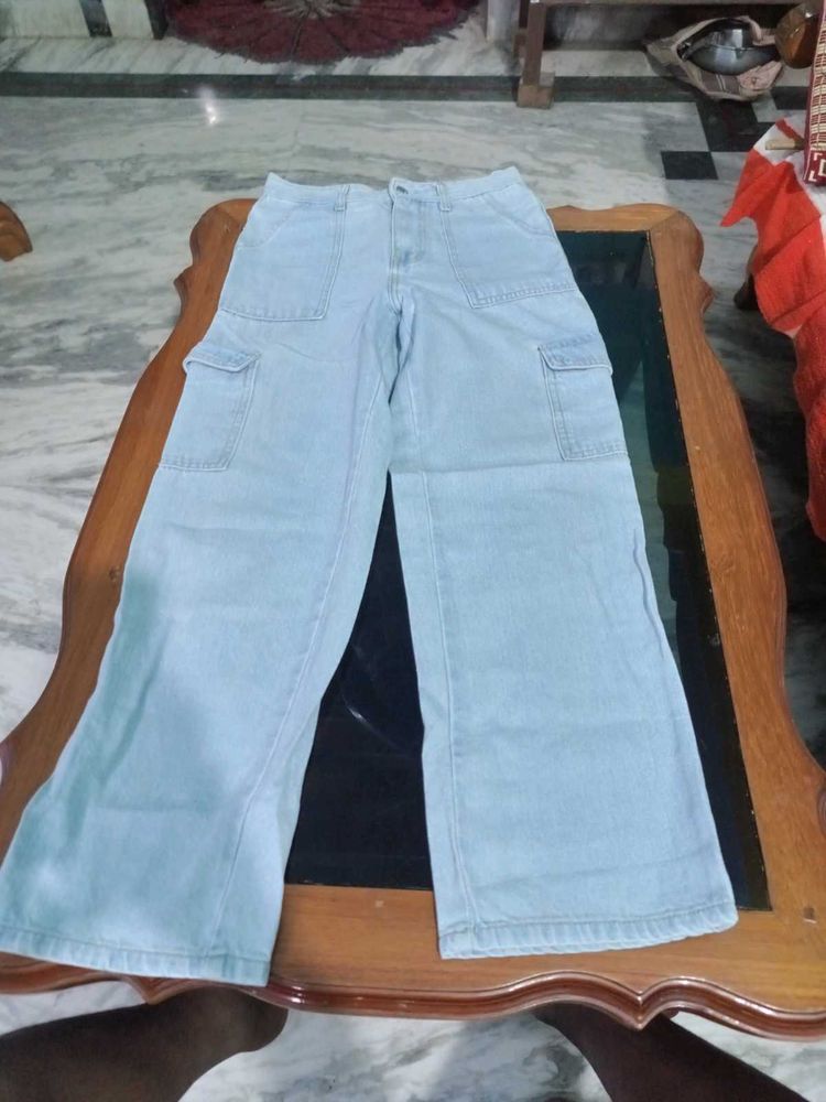 Light Blue Wide Leg Cargo Jeans