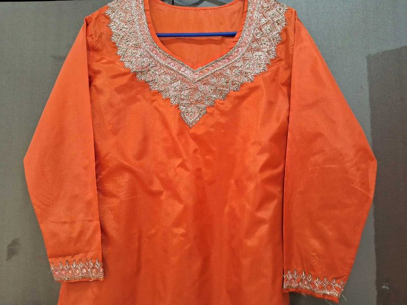 Orange Embroidered Kurta With Shalwar