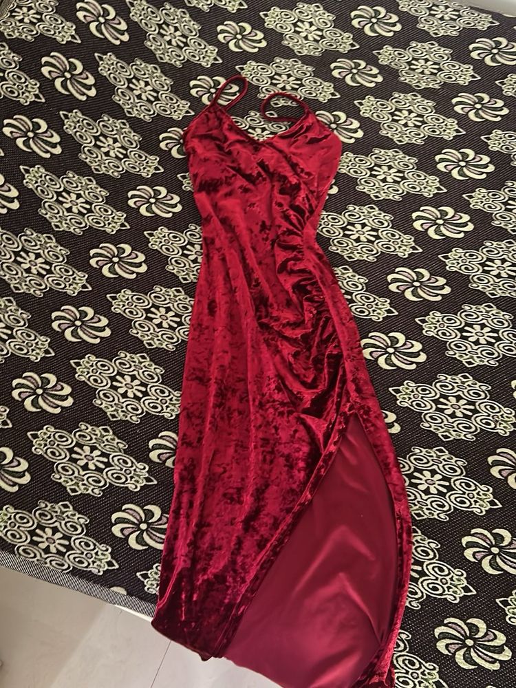 Burgundy Velvet Slit Maxi Dress