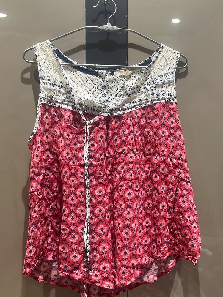 Red A Line Top With White Net Neckline