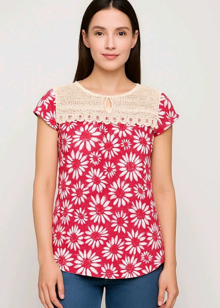 Floral Print Top with Crochet Lace Detail