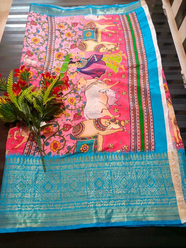 Pichwai Digital Kalamkari Print Saree 💙❤️