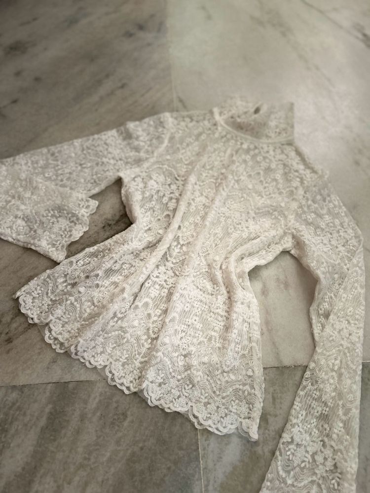 White Embroidered Lace High Neck Top