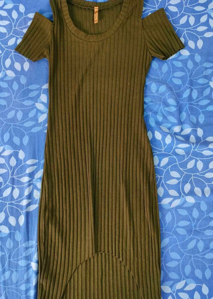 Olive Ribbed Cold Shoulder Dress