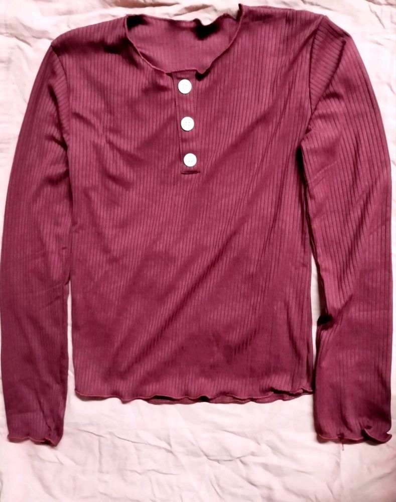 Ribbed Polyester Women&#39;s Maroon Top