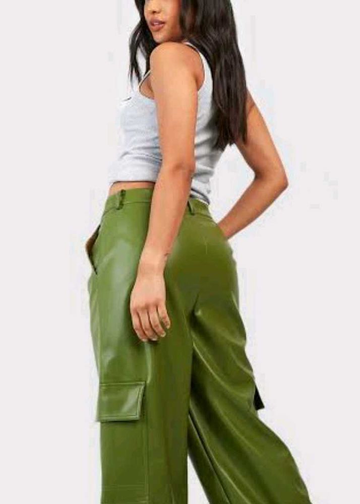 Green Faux Leather Cargo Pants