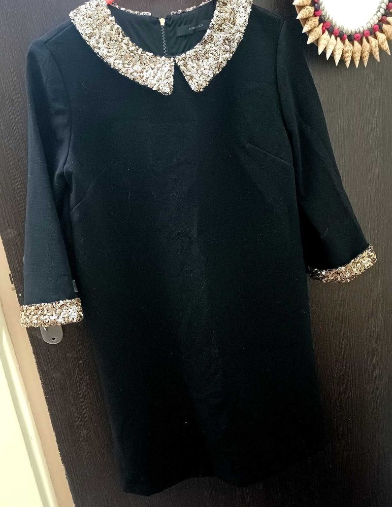 Elegant Black Dress with Sequin Collar &amp; Cuffs