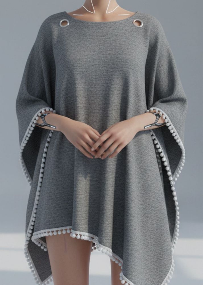 Gray Pom-Pom Trim Cape Top