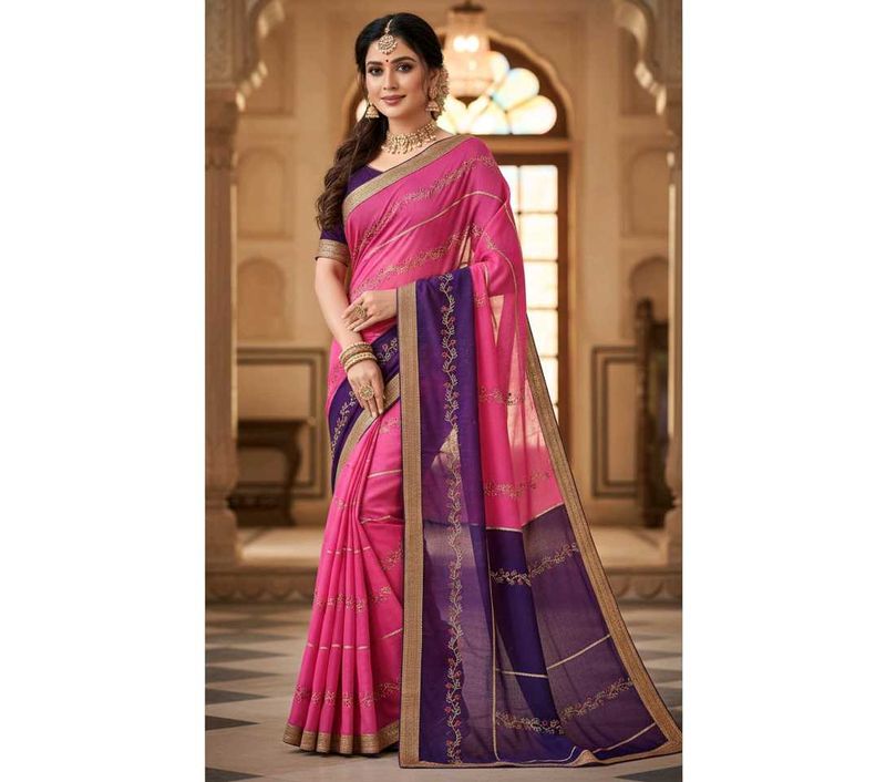 NEW -- Pink Saree Blue Pallu - with Blouse Piece