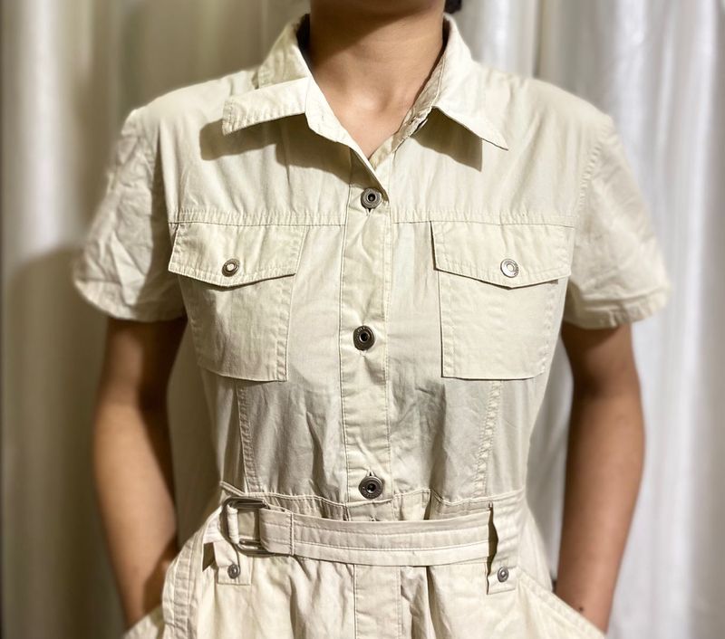 Cream Belt Button Down Dress