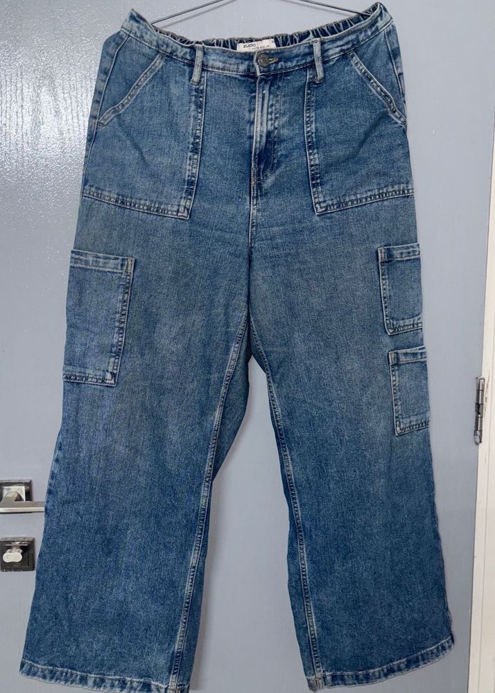 Wide Leg Denim Cargo Pants