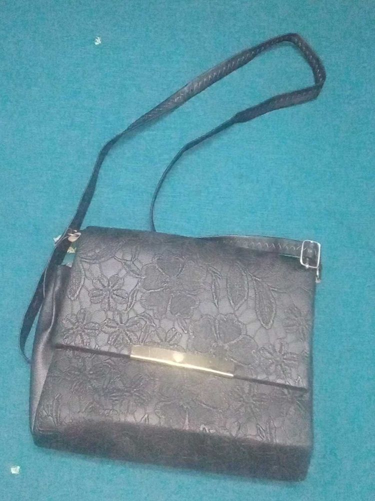 Medium Size Black Golden Sling Bag Girls College