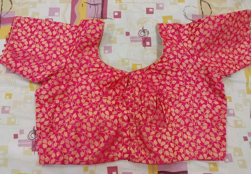 Pink And Golden Unused Brocade Blouse Tassel Sleev