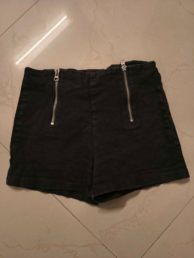 Black Zipper Detail Denim Shorts