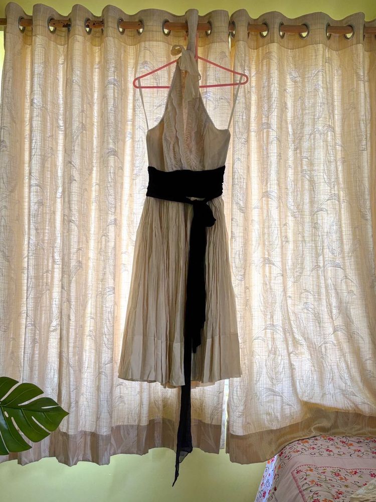 Cream Halter Dress with Black Sash
