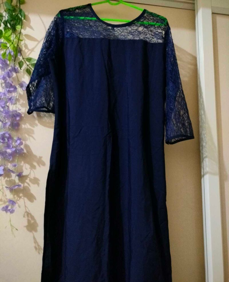 Navy blue kurtha with net sleeves