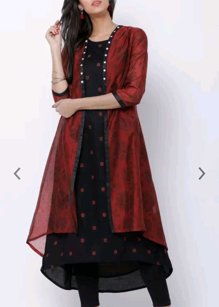 Vishudh Women Black &amp; Maroon Print A-line Kurta