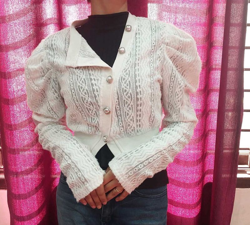 Korean White Lace Puff Sleeve Top