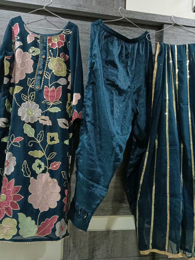 Teal Blue Kurti Pant Wedding Wear Set
