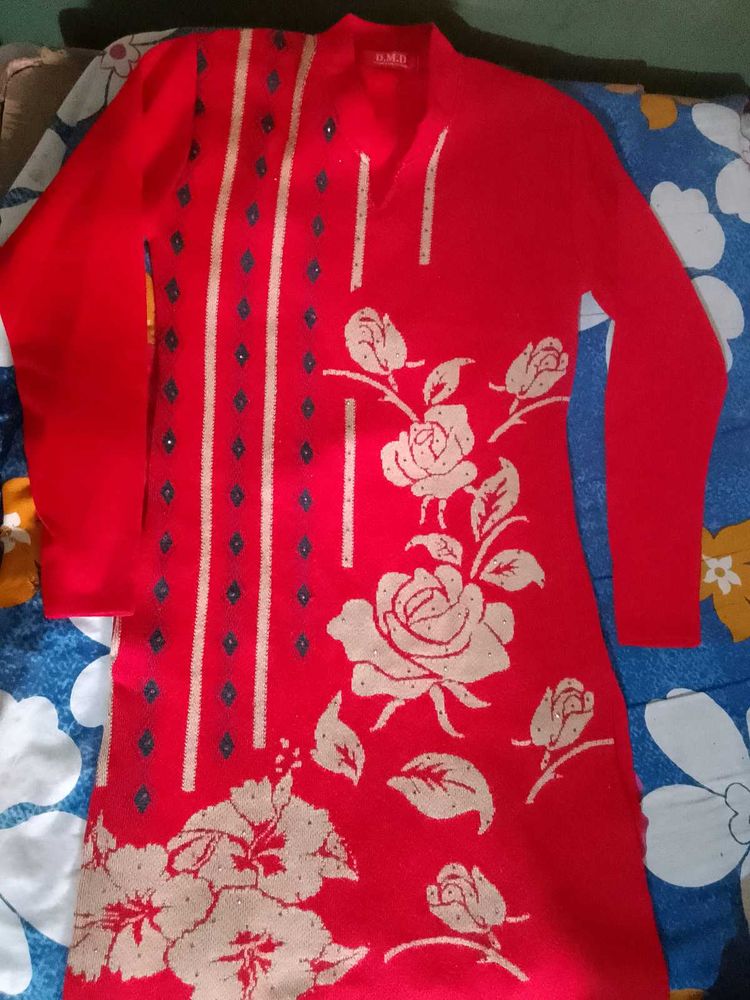 Red Floral Print Two-Piece Set Woollen