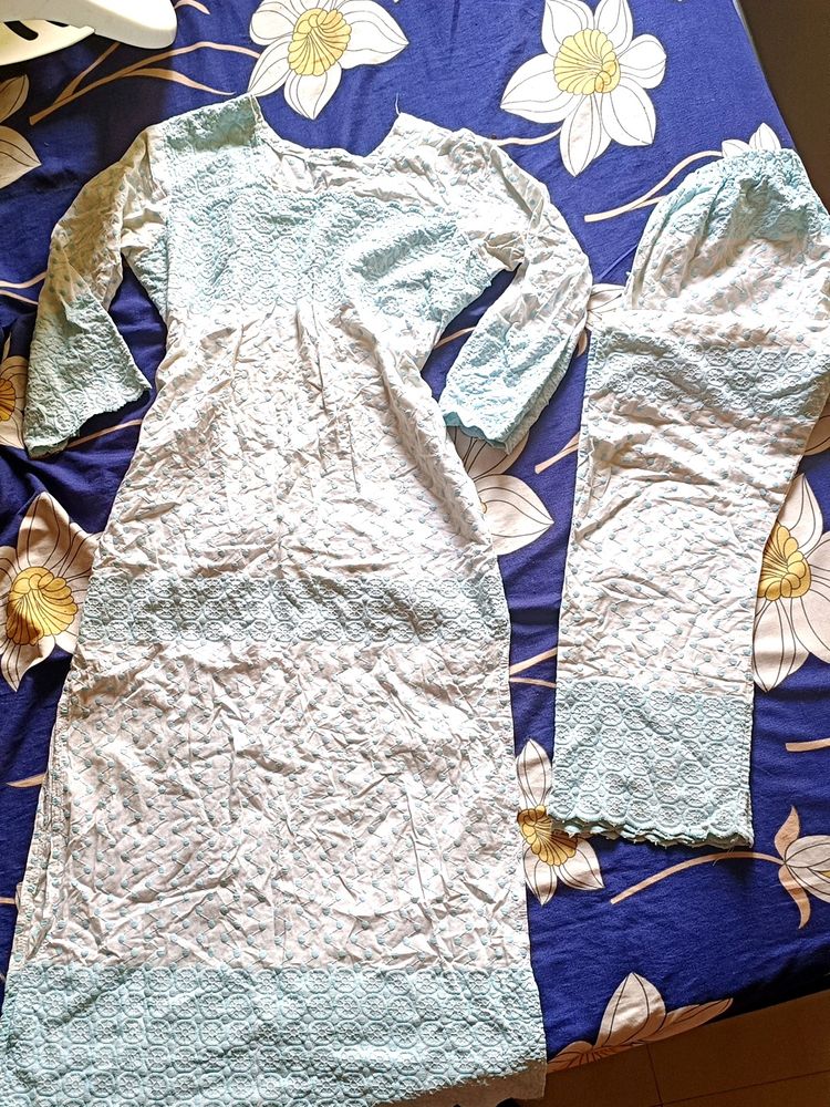 Kurta Pant Full Chicken Work Sky Blue