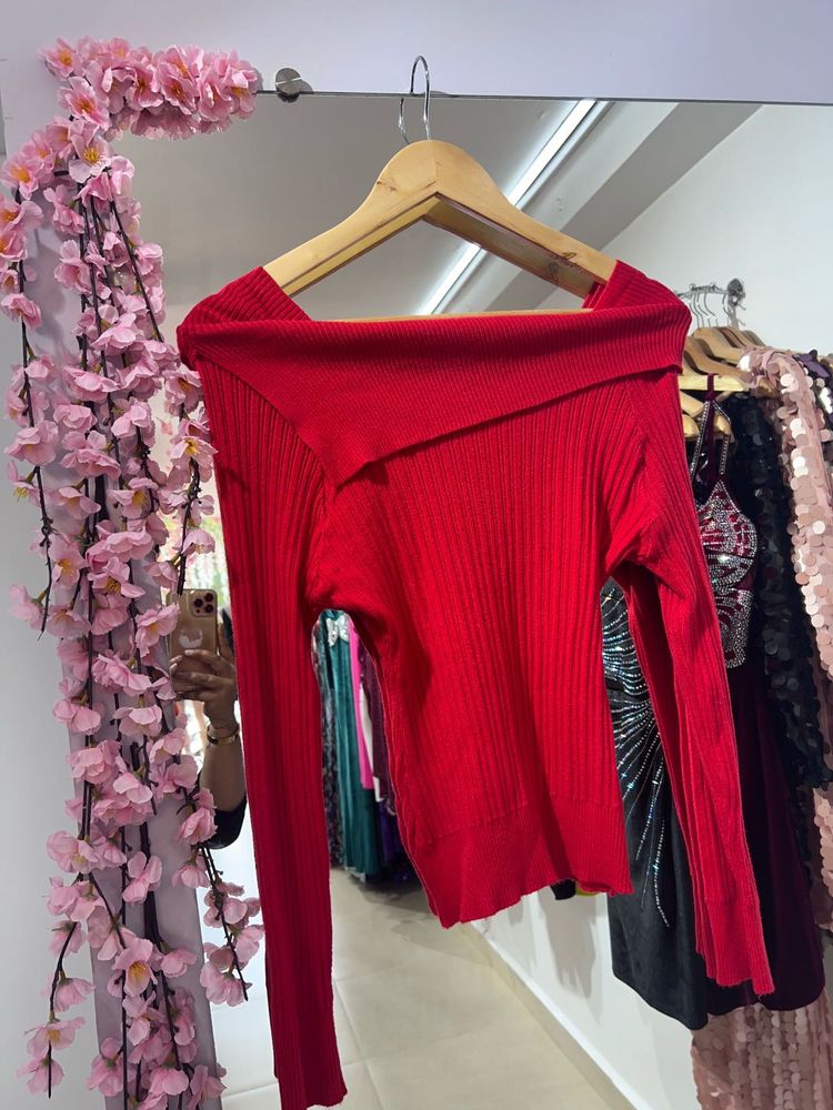Red Off-Shoulder Knit Top