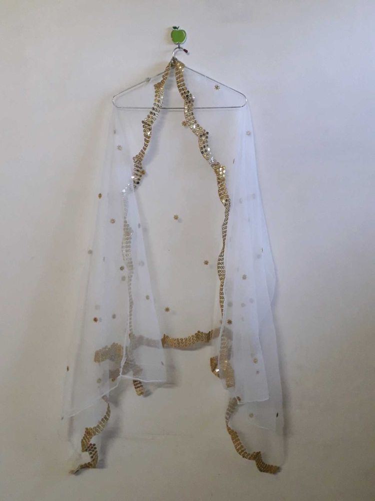 Net Embroidery Mirror Work Dupatta In White Color