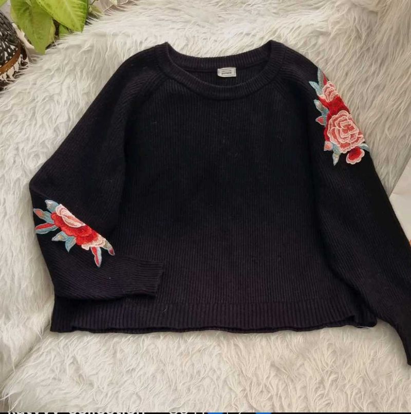 Y2k Floral Embroidered Black Sweater
