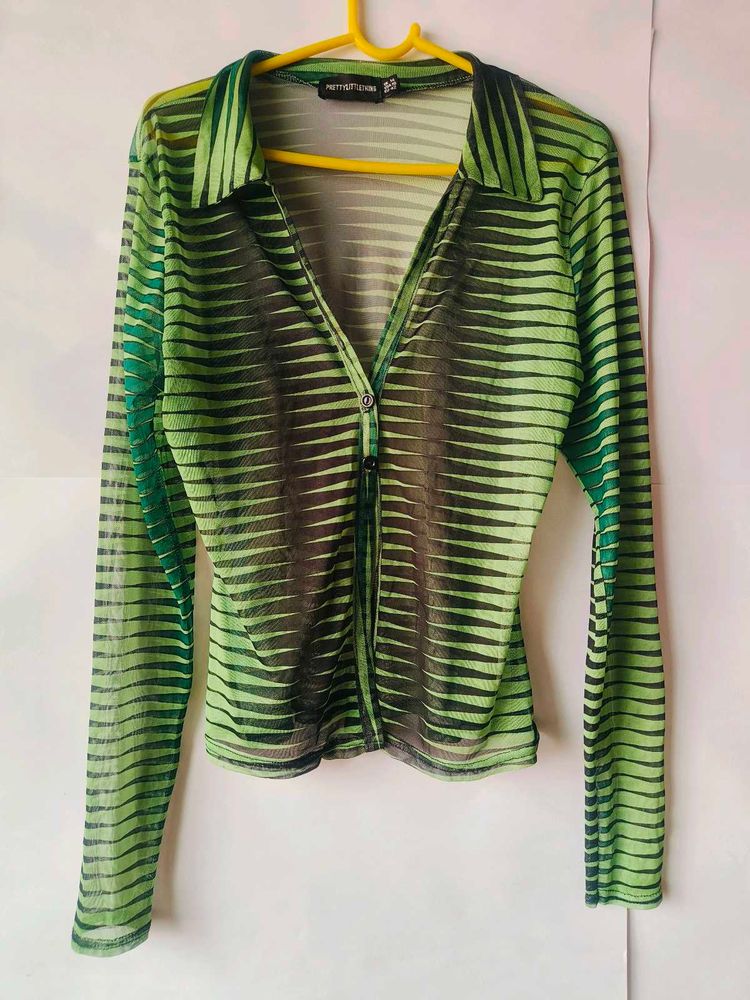 Prettylittlething y2k gren&amp;black stripe mesh shirt