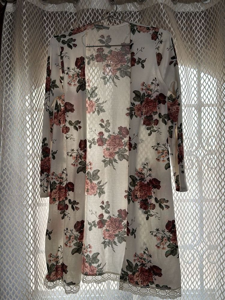 Floral Print Cardigan with Lace Trim